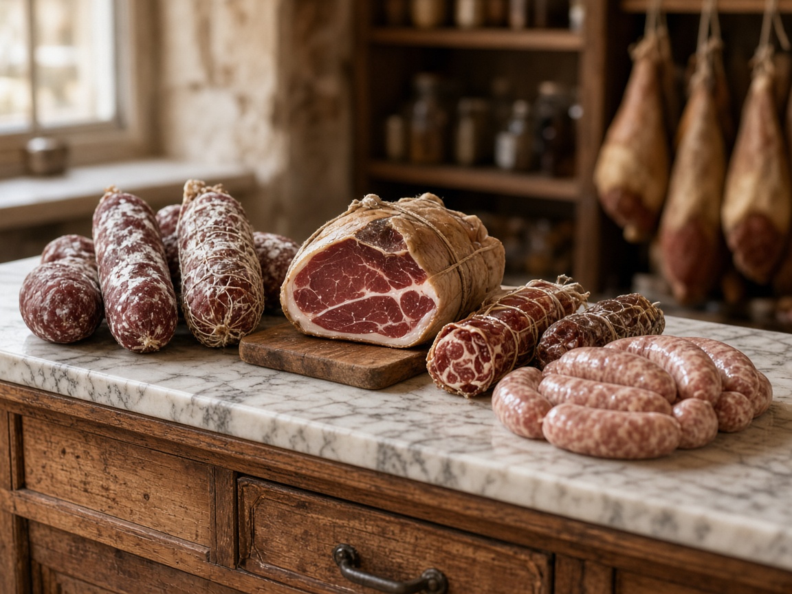 Salumi, coppa e salsicce disposti su un banco di marmo