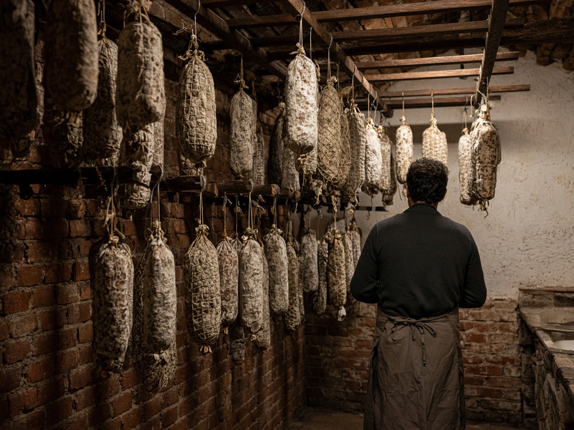 Salami appesi in una stanza di stagionatura