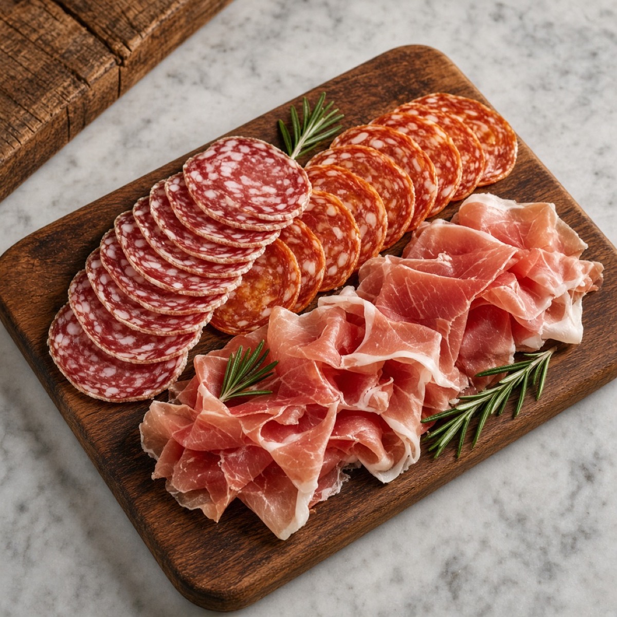 Fette di salame e prosciutto su un tagliere di legno