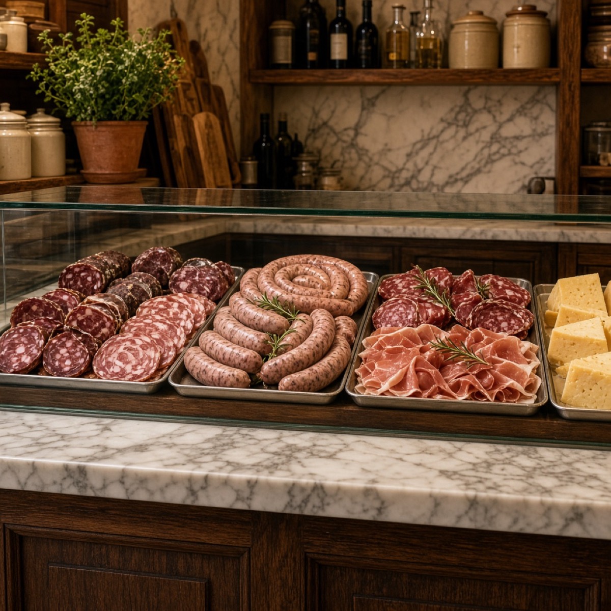 Vetrina con salumi, salsicce e formaggio